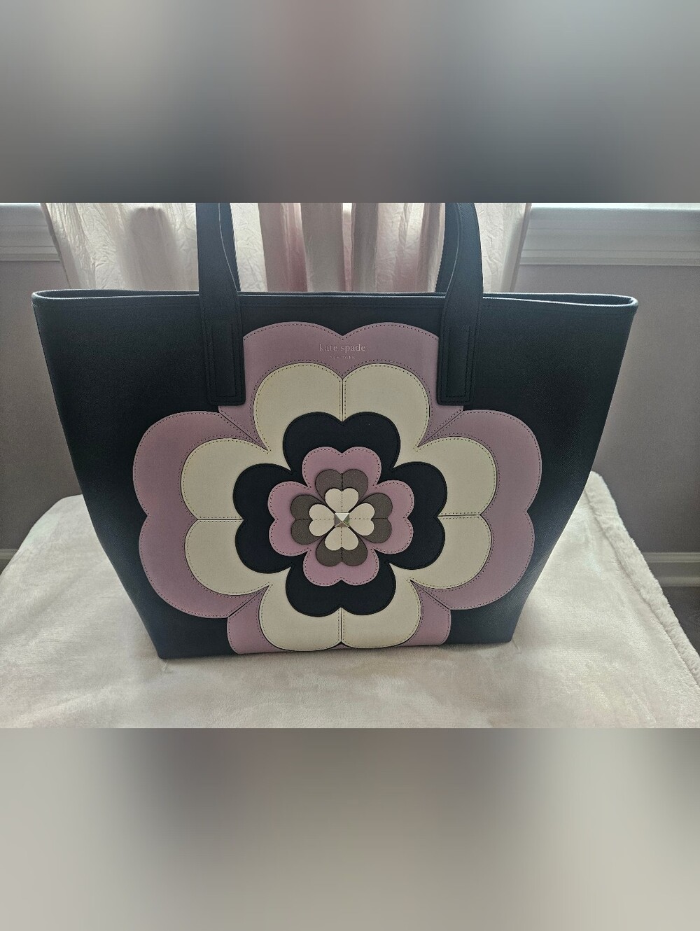 kate spade Navy tote with pink and cream floral applique